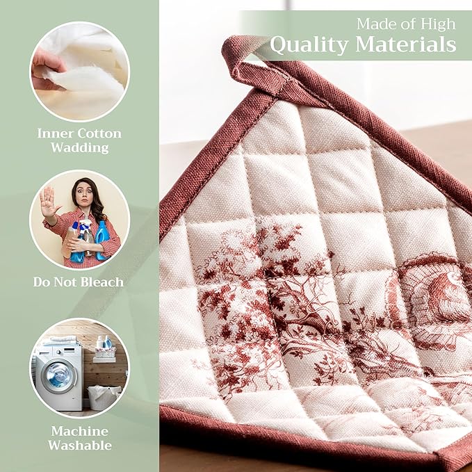 Maison d' Hermine Pot Holders 100% Cotton Heat Resistant Potholders 8" x 8" Hot Pads with Loop for Thanksgiving Christmas Decorations BBQ Cooking Handling Hot Pans (Pack of 1, Holy Jouy - Brown)