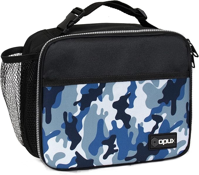 opux Insulated Lunch Bag Kids, Lunch Box for School Boy Girl, Leakproof Small Reusable Compact Soft Mini Cooler Bag, Toddler Small Lunch Boxes Kit Pail with Front Side Pockets (Camo Blue)