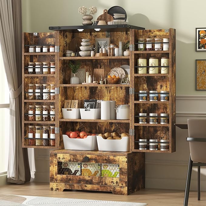 Pantry Cabinets with Adjustable Shelves and Drawer, Farmhouse Kitchen Pantry Storage Cabinet, Buffet Cupboards Sideboard for Kitchen, Dining Room, Living Room Use (Brown, 16" D x 24" W x 47" H)