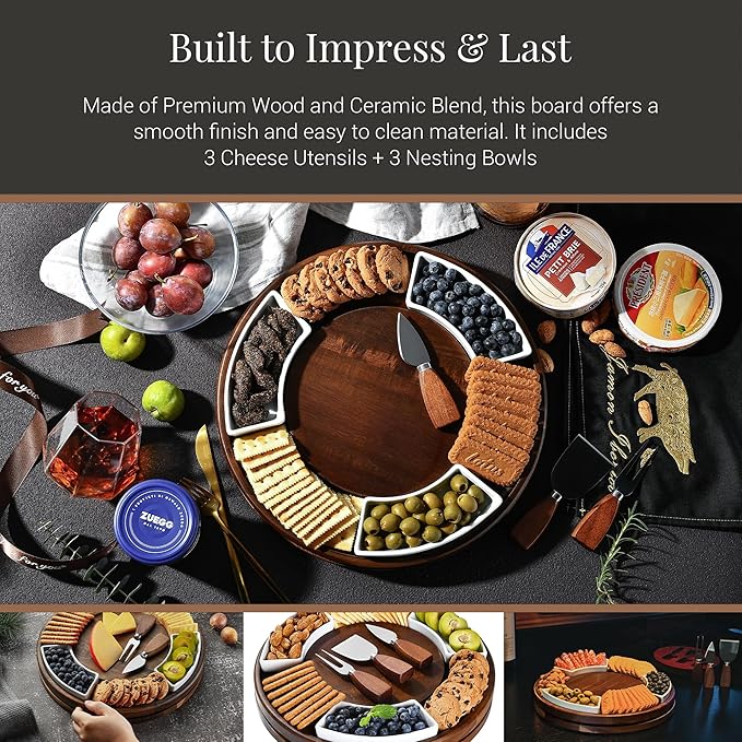 Shanik Acacia Wood Lazy Susan Cheese Board Set ??Rotating Charcuterie Platter, Elegant Serving Tray for Appetizers, Snacks, Parties & Weddings