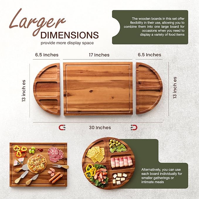 30 inch Large Acacia Wood Charcuterie Board with 4 Knives Set, Magnetic - 3 Parts Wooden Round Tray for Cheese - Long Appetizer Board for Serving Food Platter Cracker Snack