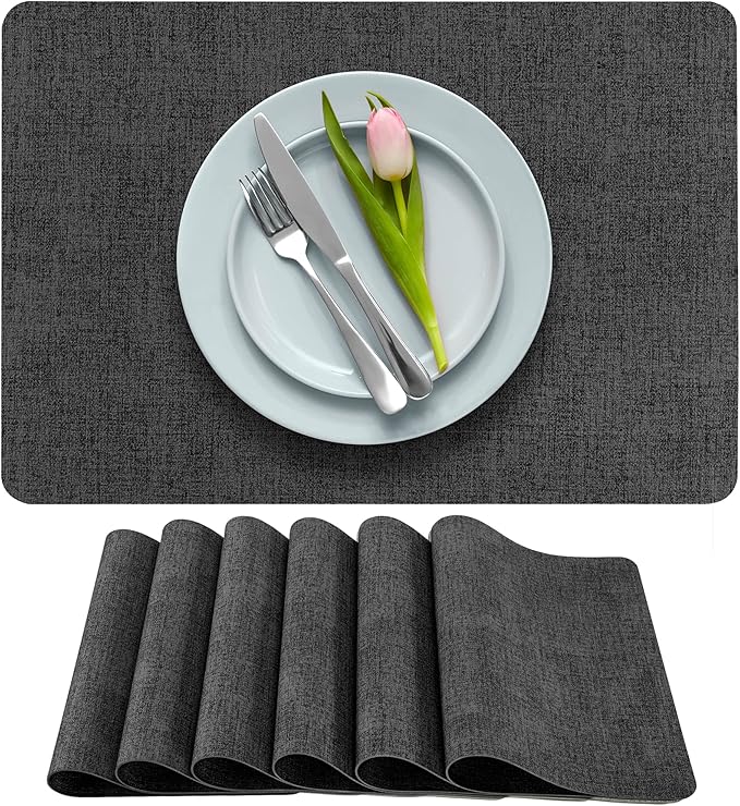 More D챕cor Faux Leather Placemats Set of 6 for Dining Table ??Waterproof, Wipeable, Washable, Stain & Heat Resistant, Non-Slip Table Mats ??12 X 17 Inch, Dark Grey