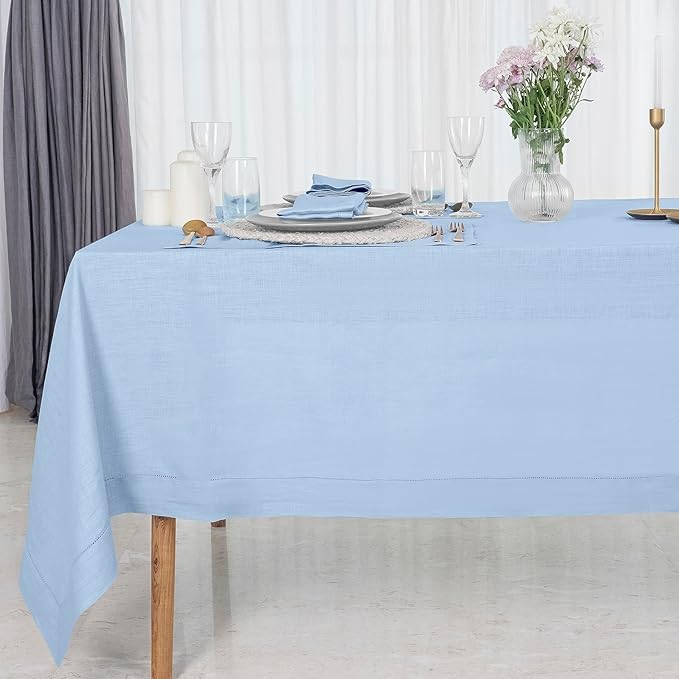 D'Moksha Homes Powder Blue Linen Tablecloth 60 x 120 Inch - 100% Pure Linen Hemstitch Tablecloth for Rectangle Tables - Classic Hemstitch, Machine Washable Table Cloth for Spring, Easter