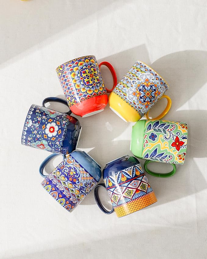 HENXFEN LEAD Boho Ceramic Coffee Mugs Set of 6 ??14 oz Porcelain Cups for Latte, Cappuccino, Tea & Cocoa ??Microwave & Dishwasher Safe