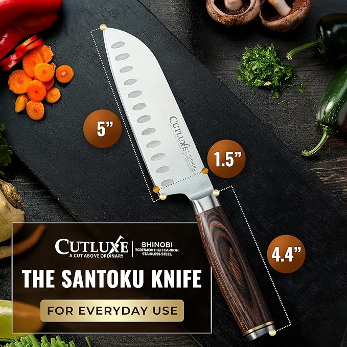 Santoku Knife ??Ultra Sharp 5 Inch Meat and Vegetable Japanese Knife for Chopping, High Carbon Stainless Steel Blade, Full Tang Pakkawood Handle ??Shinobi Series