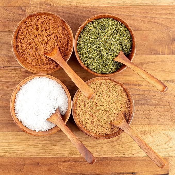 Zulay Kitchen Teak Wood Dipping Bowls with Spoons Set ??8 Piece Wooden Serving Set with 4 Mini Bowls and 4 Small Spoons, Handcrafted Natural Teak Wood, Durable & Smooth Finish