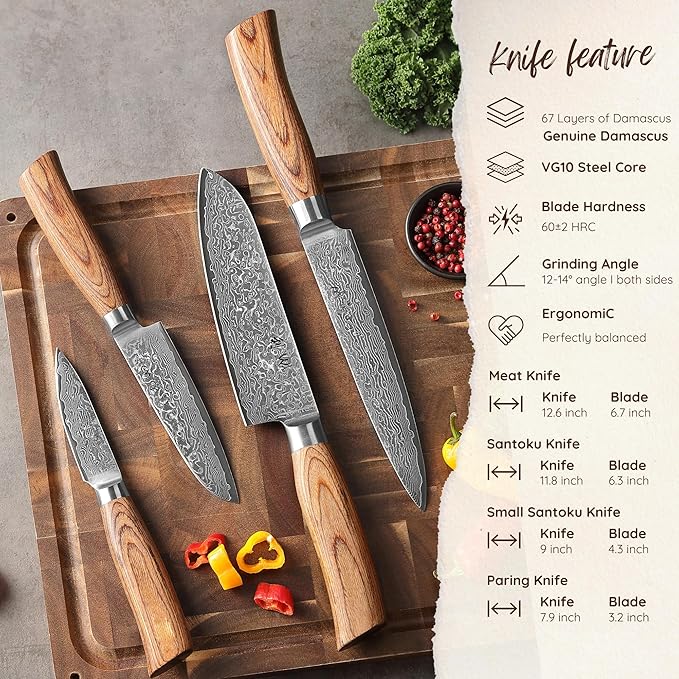 Wakoli EDIB Pro 4-Piece Damascus Knife Set ??Professional Chef Knives Set with VG10 Core Blades, 67-Layer Damascus Steel and Ergonomic Pakkawood Handles ??Premium Kitchen Knives in Elegant Gift Box