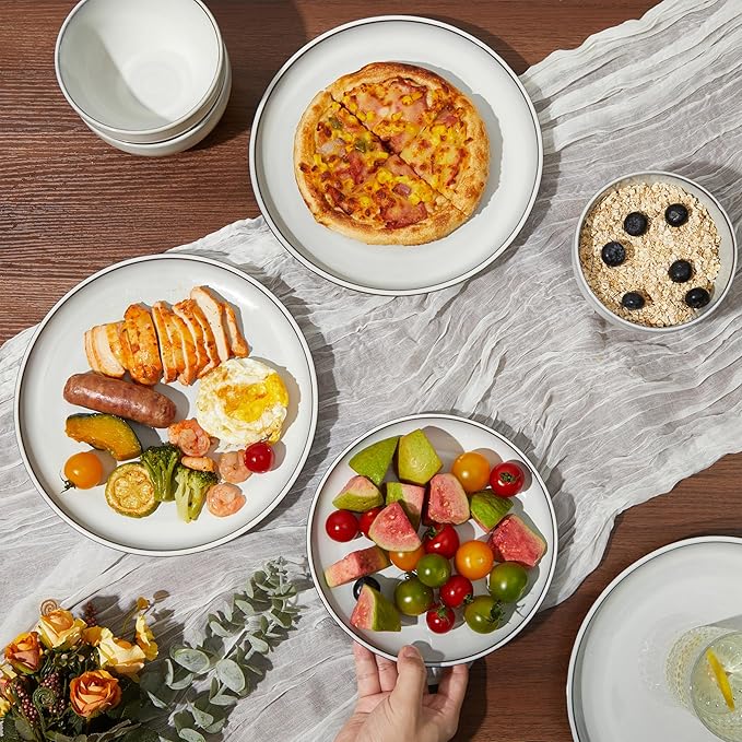 Pokini 24 Piece Stoneware Dinnerware Set for 8, Moonstone White Plates and Bowls Set, Reactive Glaze Ceramic Dish Set, Durable & Chip Resistant, Modern Rustic Look, Microwave & Dishwasher Safe
