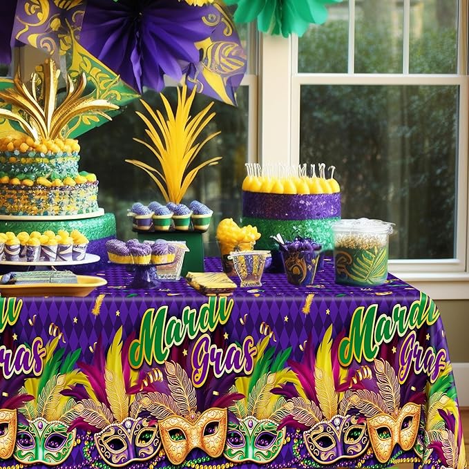 3 Pcs Mardi Gras Decorations, 54 X 108 Inches Rectangular Mardi Gras Tablecloth, Plastic Purple Table Cover With Masquerade Mask Design, Fat Tuesday Tablecover For Masquerade Party Picnic Dinner Decor