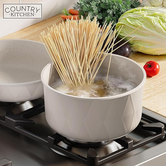 Country Kitchen Cookware Set with Removable Handle, Oven & RV Safe Pots and Pans Set, Cream Diamond, Original