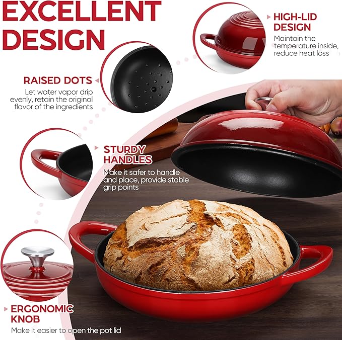 E-far Dutch Oven for Sourdough Bread Baking, 6 Qt Round Enameled Cast Iron Dutch Oven for Homemade Artisan Bread, Dome Lid & Shallow Base, Matte Black Interior & Durable, Oven-Safe to 500?? Red