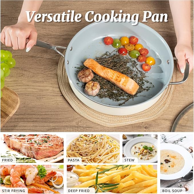 Nonstick Saut챕 Pan with Lid 5 QT Deep Frying Pan with Stainless Steel Helper Handle 12 inch Large Skillet Ceramic Jumbo Cooker for Healthy Cooking, Induction Compatible Cookware, PFOA Free