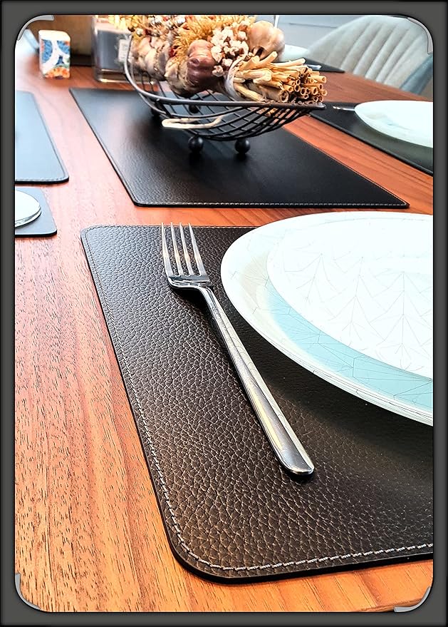 Nikalaz Set of 6 Placemats Made of Recycled Leather (18"x13", Black)