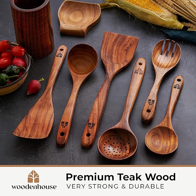 Wooden Utensil Set 8 Pcs ??Sturdy & Easy to Clean, Natural Teak Wooden Spoons for Cooking ??Non-Scratch Cooking Utensils with Spatula, Turner, Ladle, Spoons, Skimmer, Holder, Spoon Rest & 6 Hooks