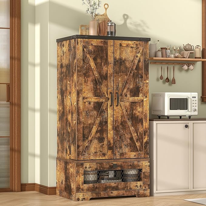 Pantry Cabinets with Adjustable Shelves and Drawer, Farmhouse Kitchen Pantry Storage Cabinet, Buffet Cupboards Sideboard for Kitchen, Dining Room, Living Room Use (Brown, 16" D x 24" W x 47" H)