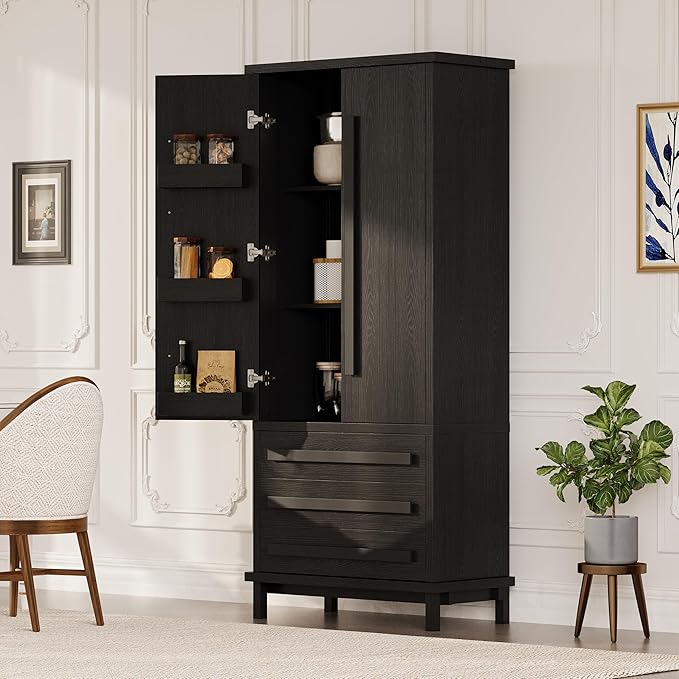 Christopher Knight Home Chenny 70''H Wooden Kitchen Pantry Cabinet, Storage Cabinet with Adjustable Shelves, 6 Door Internal Storage Compartments & 3 Drawers, Freestanding Cupboard Cabinet, Black