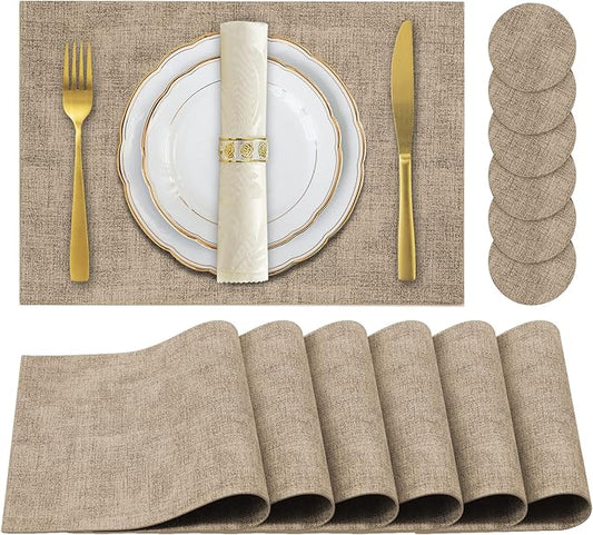 JUCCWARM Faux Leather Placemats Set of 6,Heat Resistant Placemats for Dining Table, Easy Clean Non-Slip Place Mats, Waterproof Stain Resistant Wipeable Washable PU Table Mats, (Light Brown)