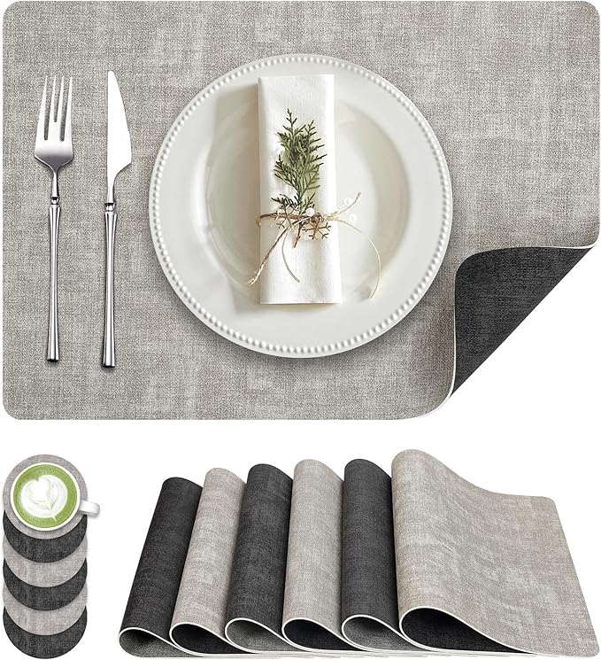 Fyvva Placemats Set of 6, Faux Leather Heat Resistant Wipeable Placemats, Dual Sided Waterproof Washable Table Mats with Coaster, Suitable for Kitchen, Dining, Table Decor(6, Black Light Gray)