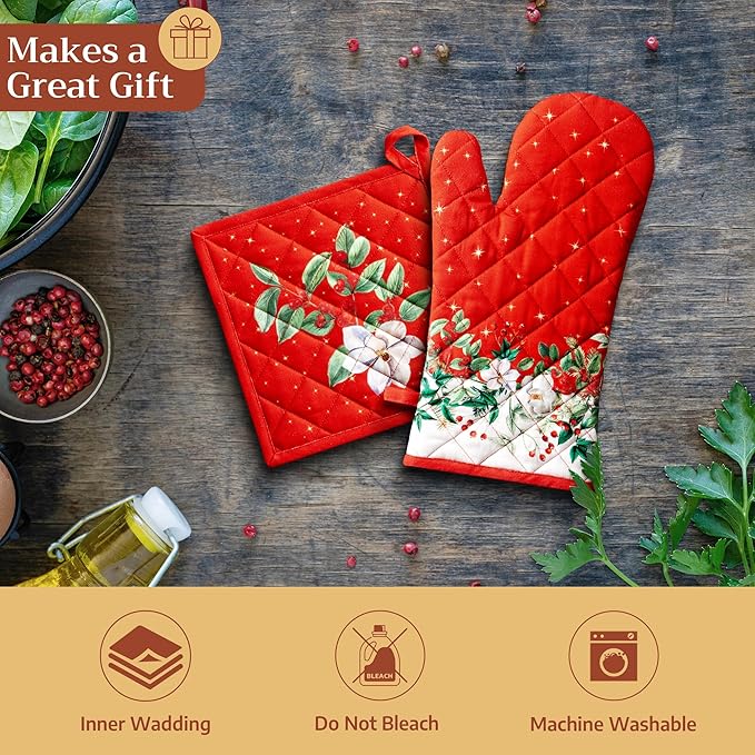 Maison d' Hermine Pot Holders 100% Cotton Heat Resistant Potholders 8" x 8" Hot Pads with Loop for Thanksgiving Christmas Decorations BBQ Cooking Baking Handling Hot Pans (Pack of 1, Noel)