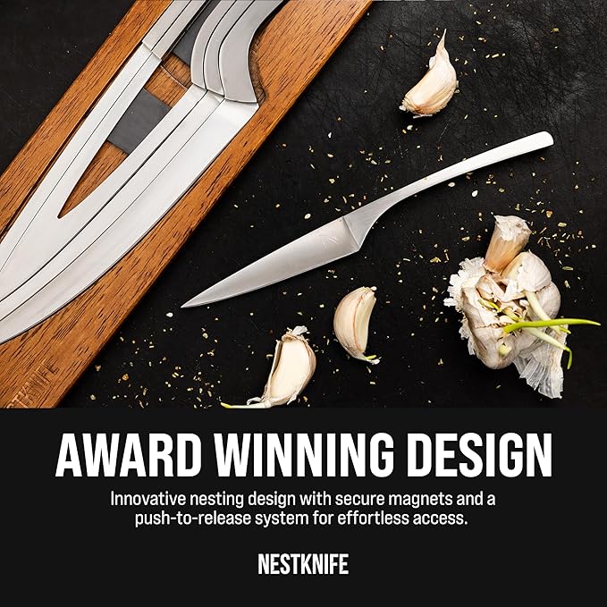 Kitchen Knife Set Stainless Steel, Chef Knife Set of 4 Pieces, Space Saving Ergonomic Design of Chef's Knives, Modern Stainless Steel Knives, Aesthetic Kitchen Essential, NestKnife Patented Technology