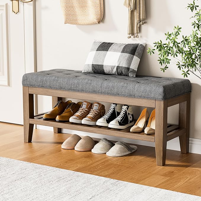 YaFiti End of Bed Storage Bench, 42.9" Entryway Shoe Bench with Solid Wood Shelf, Upholstered Ottoman with Padded Seat for Bedroom, Hallway and Lining Room, Dark Gray
