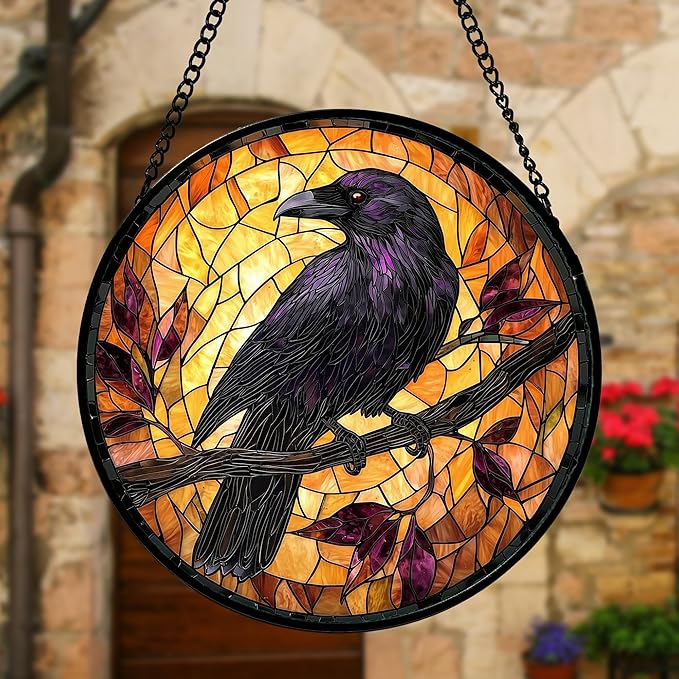 Stained Glass Window Hanging - Crow on a Branch Suncatcher Ready to Hang Window Doors Home Decoration and Christmas, Mother's Day Birthday Gifts for Women, Men, and Mom 7.8x7.8 in