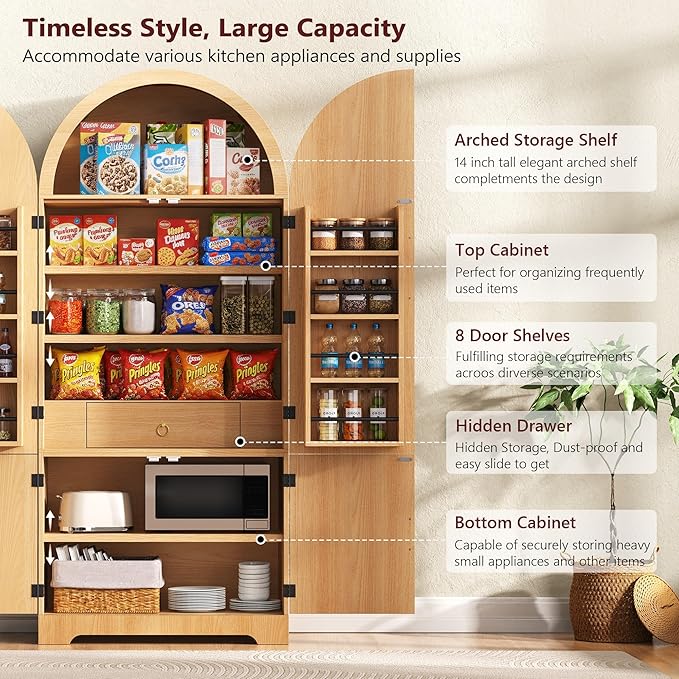 72" Tall Arched Kitchen Pantry, Modern Fluted Wood Storage Cabinet with 3 Adjustable Shelves and Hidden Drawer, Versatile Cupboard for Dining Room, Living Room, Bathroom, Natural