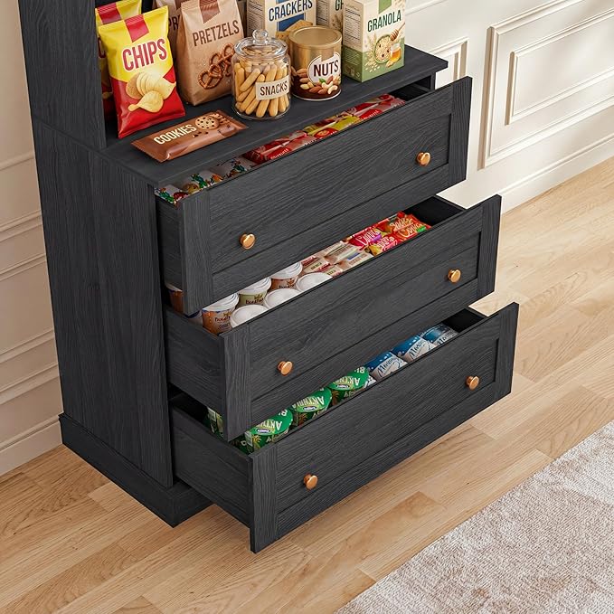 Vyre 71" Farmhouse Kitchen Pantry Cabinet Set of 3, Black Freestanding Coffee Bar Hutch with Drawers & Adjustable Shelves, Large Storage Cabinet with Microwave Stand for Living Room & Kitchen
