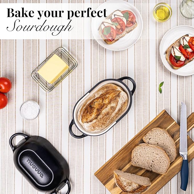nuovva Dutch Oven For Sourdough Bread Baking ??Enamelled Cast Iron Bread Loaf Pot ??Oven Safe Non Stick Bread Pot ??Rectangular, Black, 24cm x 16cm