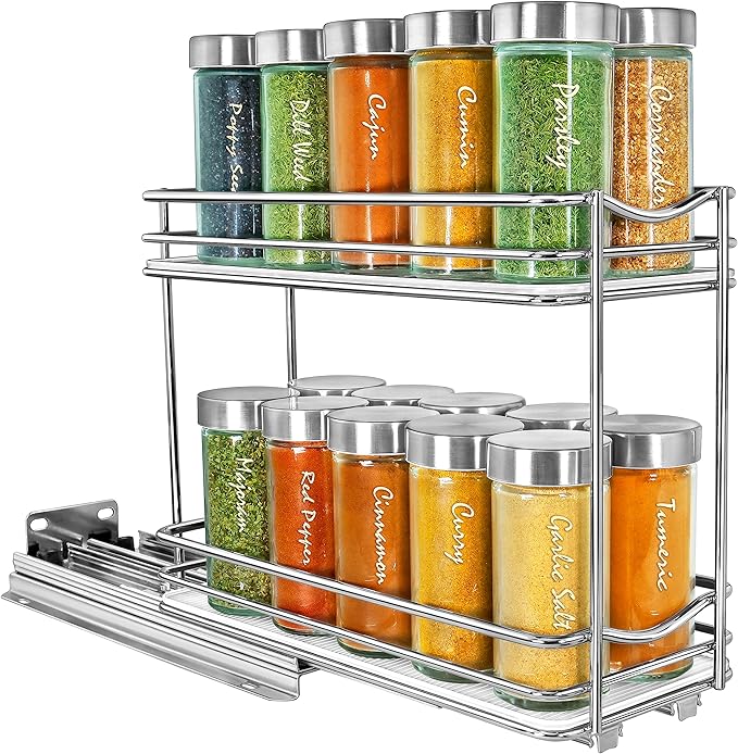 LYNK PROFESSIONAL짰 Pull Out Spice Rack Organizer for Inside Kitchen Cabinets - 4-3/8 inch Wide - Slide Out Drawer ??Chrome Sliding Spice Cabinet Organization Shelf Racks - 2 Tier