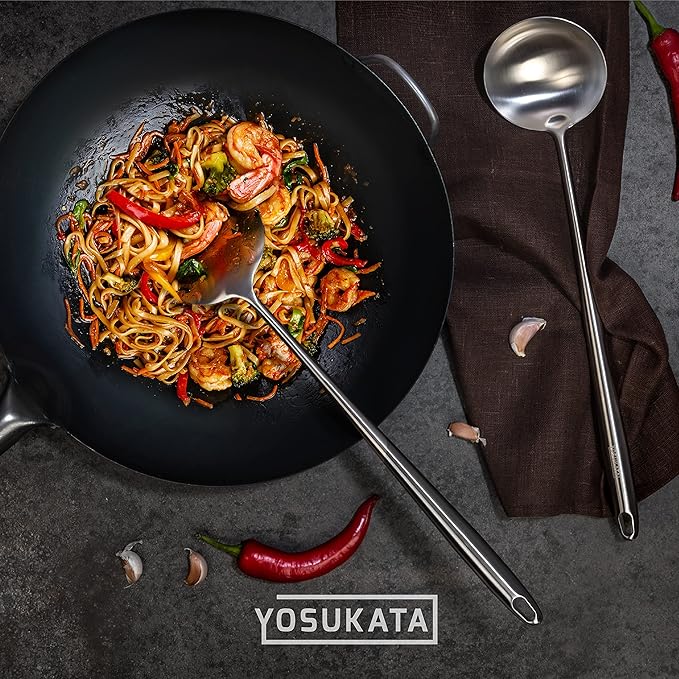 YOSUKATA Non-seasoned 14" Round-Bottom Carbon Steel Wok Pan with 17" Spatula and Ladle