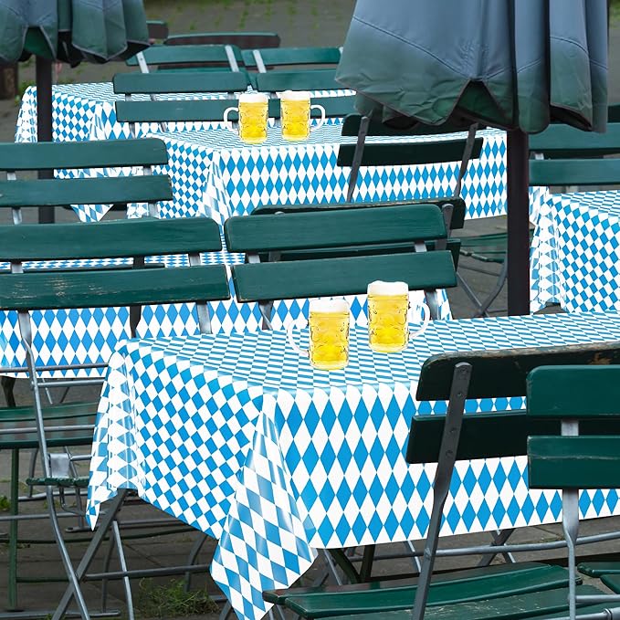 QZYL 3 PCS Oktoberfest Tablecover, 54 X 108 in Disposable Plastic Beer Festival Party Supplies, Rectangular Blue White Checkered Tablecloth, Oktoberfest Decorations for Kitchen Dining Party Holiday