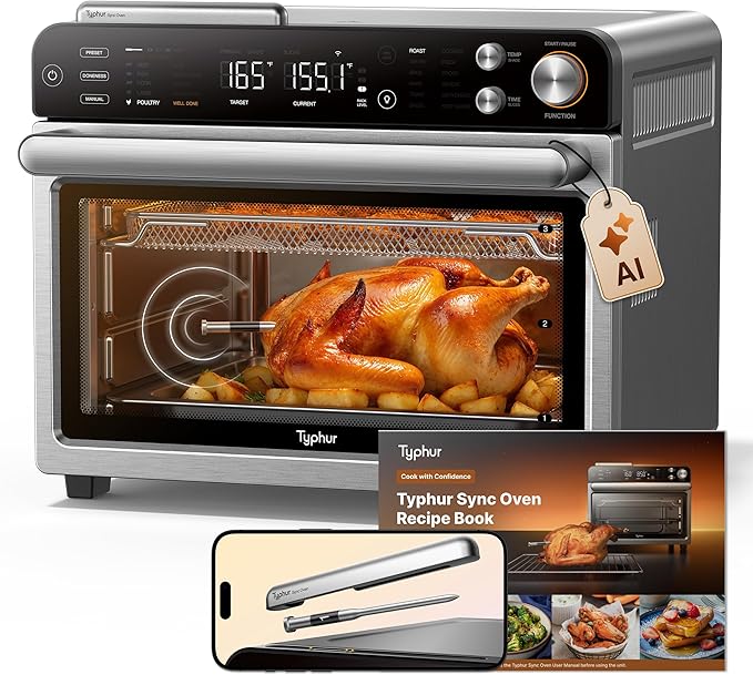 Typhur Sync Oven with Smart Wireless Meat Thermometer Probe, 12?멼n?? Countertop Air Fryer Toaster Oven Combo, 360째 Turbo Convection, Dehydrator, Recipes & 5 Accessories, Large 27QT, Stainless Steel