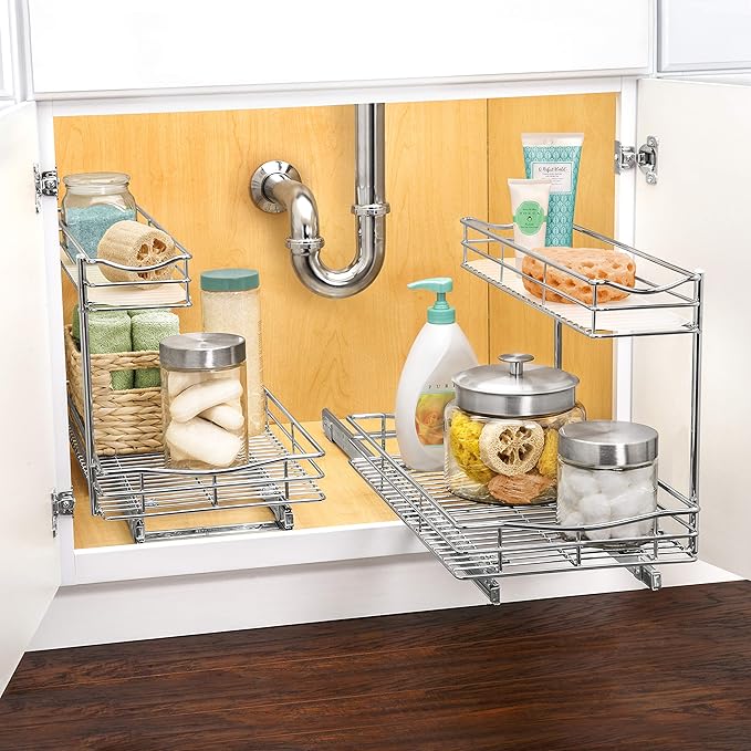 LYNK PROFESSIONAL짰 Pull Out Under Sink Kitchen Cabinet Organizer - 11.5 in. x 21 inch deep Drawer - Sliding Shelf Organizer for Cabinets and Undersink Storage Shelves - Lifetime Ltd. Warranty ??Chrome