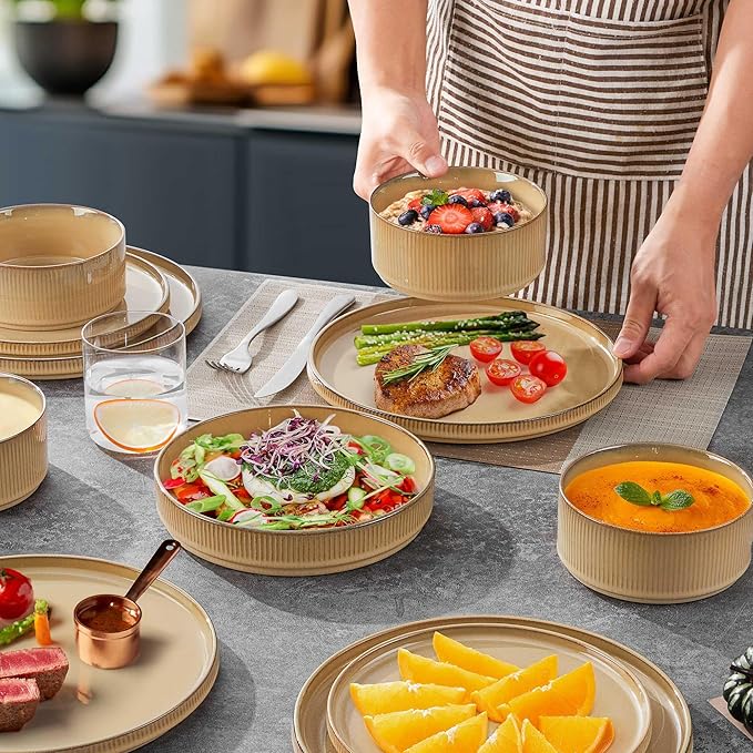 LIANYU 8 Piece Dinnerware Plates and Bowls for 2, Ceramic Elegant Stoneware Dishes Sets with Pasta Bowls, Modern Ribbed Dining Ware Dishware for Restaurant Wedding, Dishwasher Safe, Dune Khaki
