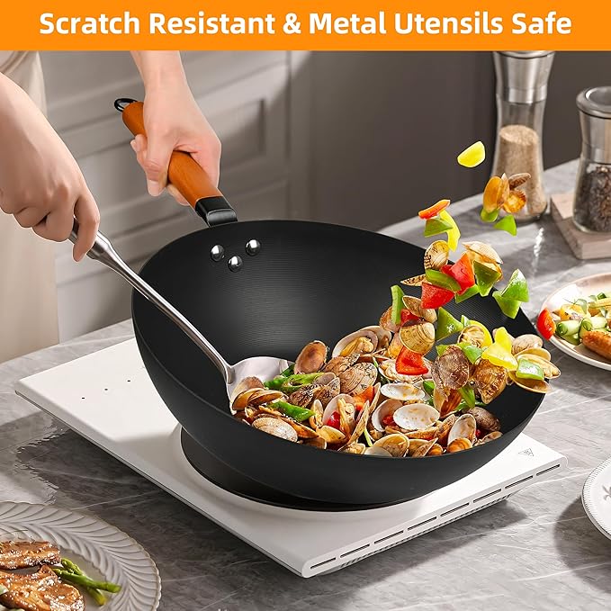 12.5-Inch Carbon Steel Wok with Lid ??Pre-Seasoned Flat Bottom Stir-Fry Pan, Nonstick Wok for Induction, Gas, Electric & All Stovetops ??Chinese Wok with Glass Lid