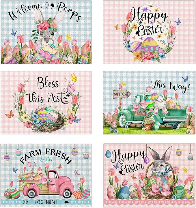 Pinata Easter Placemats Set of 6, Easter Placemats 12x18 Inch for Dining Table, Bunny Pattern Place Mats, Farmhouse Rustic Table Decor