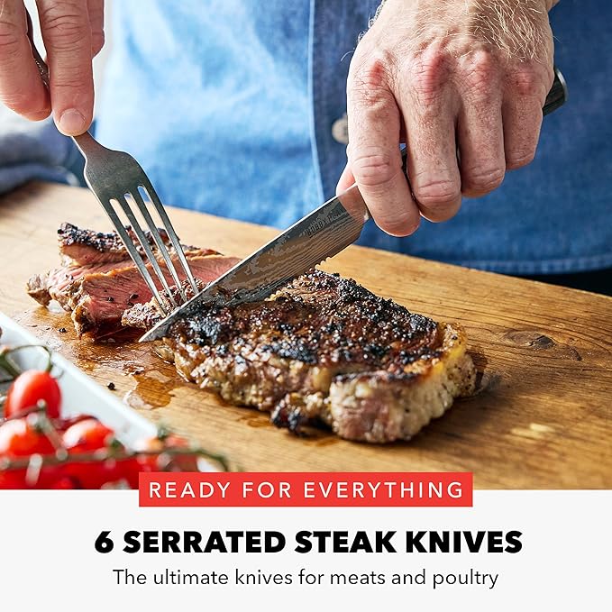 GreenPan x Bobby Flay 13 Piece Stainless Steel Cutlery Kitchen Knife Block Set, Premium Stainless Steel Blades, Acacia Wood Knife Block, Hand Finished Ergonomic Wood Handle, Damascus Steel Design