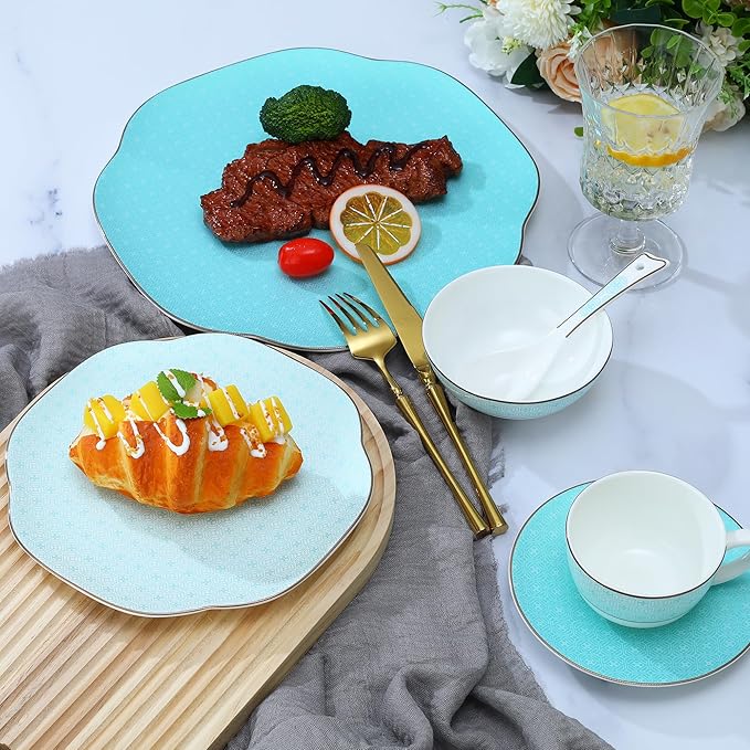 Blue 24 Piece Porcelain Dinnerware,Bone china set for 4,Plates and Bowls Sets With Silver checkered cross pattern, Highly Chip & Crack Resistant & Dishwasher (Light Blue + Checkered Cross)