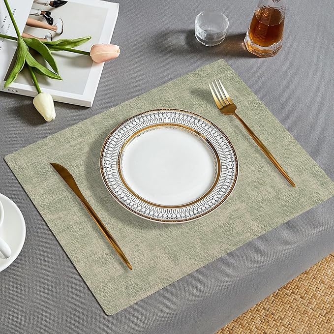 Boobezeen Faux Leather Placemats Set of 6, Heat Resistant Wipeable Washable Vinyl Place Mats, Waterproof Anti-Slip Dining Table Mats, Suitable for Indoor & Outdoor Use (Light Green)
