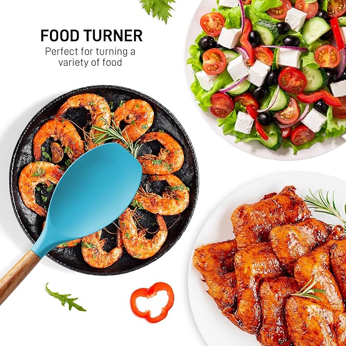 Zulay Kitchen Non-Stick Cooking Utensils Set with Authentic Acacia Wood Handles ??5-Piece Durable & Stylish Silicone Kitchen Utensils Set ??Heat Resistant to 464째F ??Blue