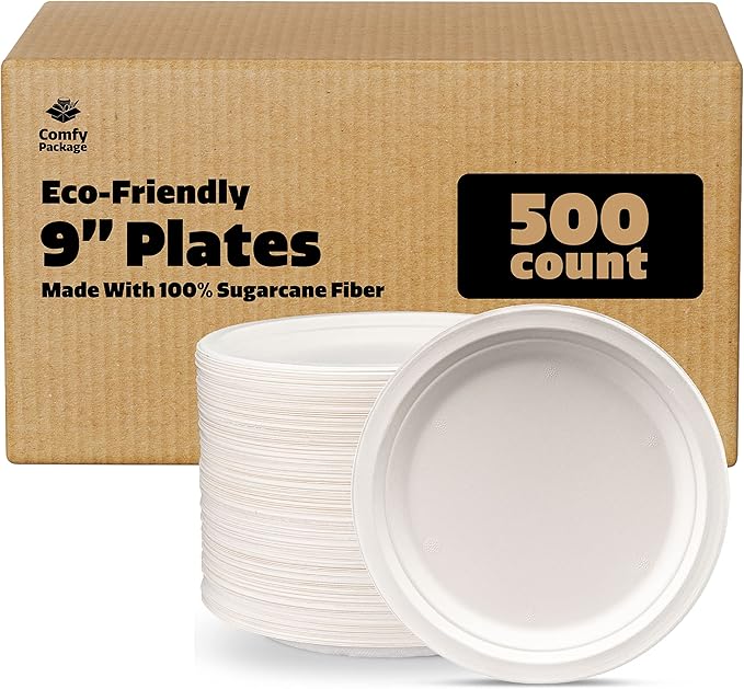 GUSTO [Case of 500 9 Inch Heavy-Duty White Paper Plates, 100% Compostable, Eco-Friendly - Biodegradable Disposable Plates, Sugarcane Paper Plates (Formerly Comfy Package)