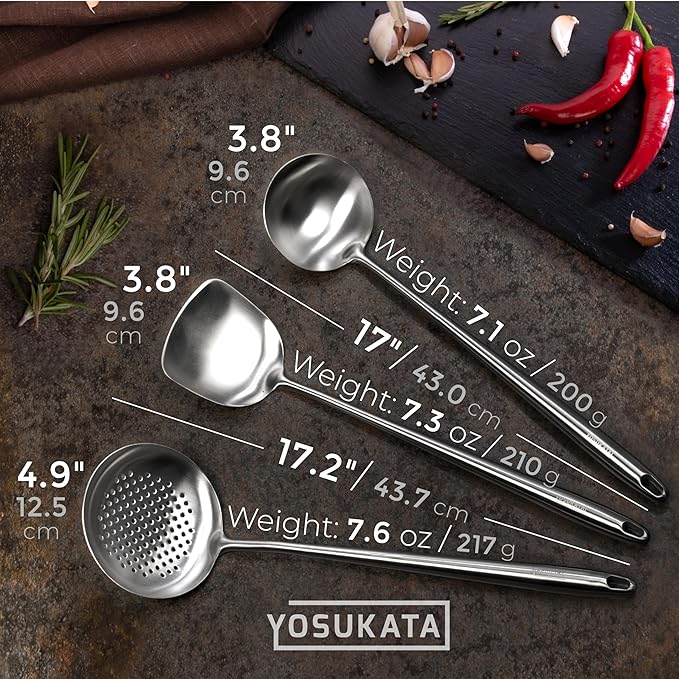 YOSUKATA Carbon Steel Wok Pan ??13,5 ??Stir Fry Pans PLUS 17" Wok Spatula and Ladle Skimmer Spoon - Stainless Steel Cooking Utensils Set