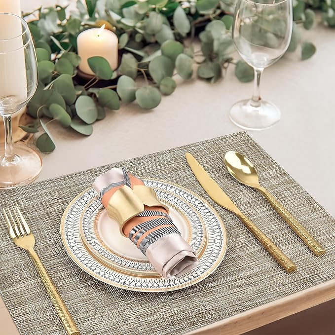 SLKQG Placemats Set of 4 - Easy Clean Washable Vinyl Placemats - Wipeable Heat Resistant Table Mats for Dining Table - 17.7x11.8 Inch (4, Gray & Gold Two-Tone)