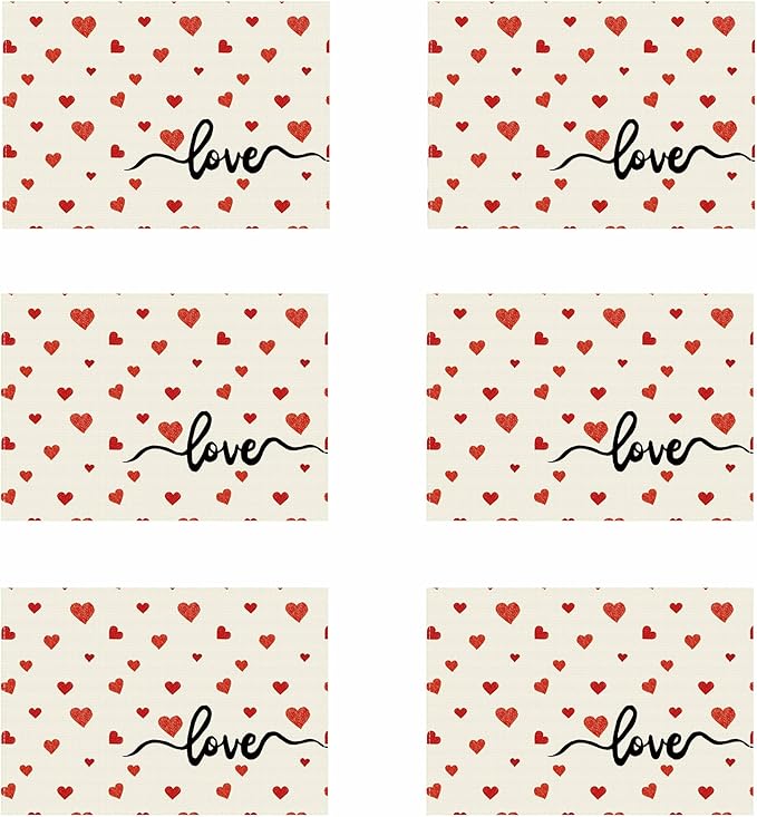 XCHI Red Little Love Hearts Valentine's Day Placemats Set of 6 Table Mats for Party Home Kitchen Dining Table Decorations 12x18 Inch