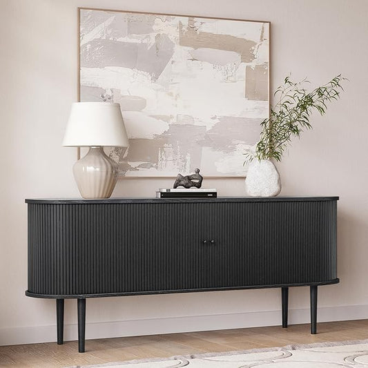 WERMO 71?쇺?Black Sideboard Cabinet with Doors and Shelves - Black Cabinet for Living Room, Bedroom, Entryway and Office Credenza. Kitchen Buffet, Modern Media Console Table with Storage (Black Oak)