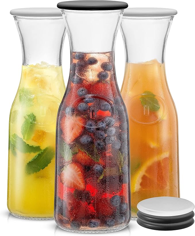 JoyJolt Glass Carafe with Lid, Set of 3 ??1 Liter Glass Pitcher for Mimosa Bar, Water, Iced Tea, Juice, Wine, Lemonade, Milk ??Dishwasher Safe Beverage Drink Dispensers for Brunch, Parties