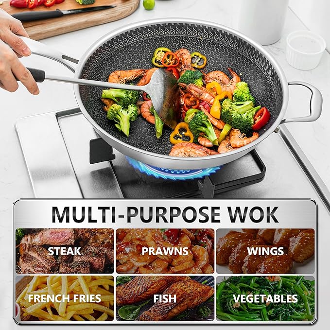 MICHELANGELO Honeycomb Wok Pan with Lid, 12.5 Inch Stainless Steel Woks & Stir-fry Pans with Stay Cool Handle, Flat Bottom Wok with Vertical Lid, Induction Wok, Dishwasher Oven Safe