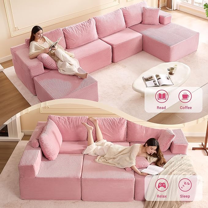 138" Boneless Couch with Deep Seat, Modular Sectional Sofa, Cloud Sectional Couch for Living Room, No Assembly Required, Corduroy, U-Shape 4 Seater Right, Pink