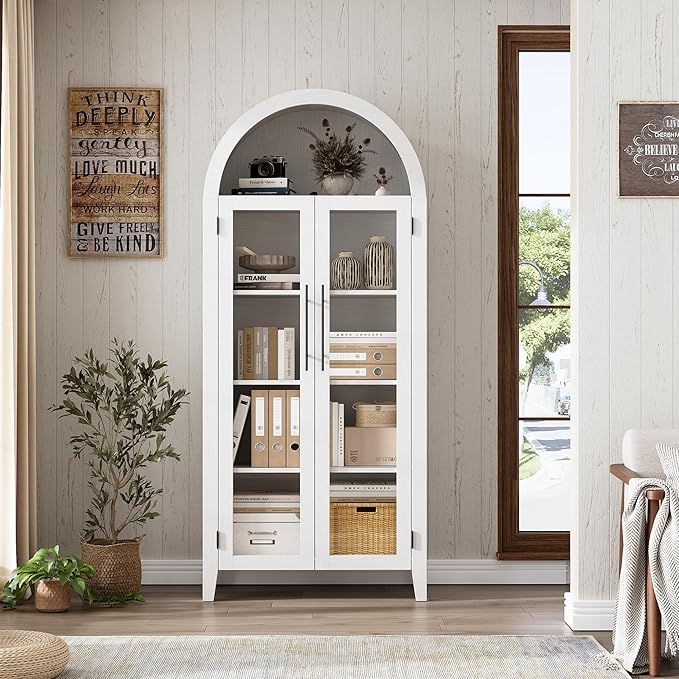 GarveeHome Arched Kitchen Pantry Storage Cabinet - Farmhouse 5 Tier Display Shelf with Adjustable Shelf and 2 Large Glass Doors, Versatile Cupboard for Kitchen, Dining Room, Living Room, White